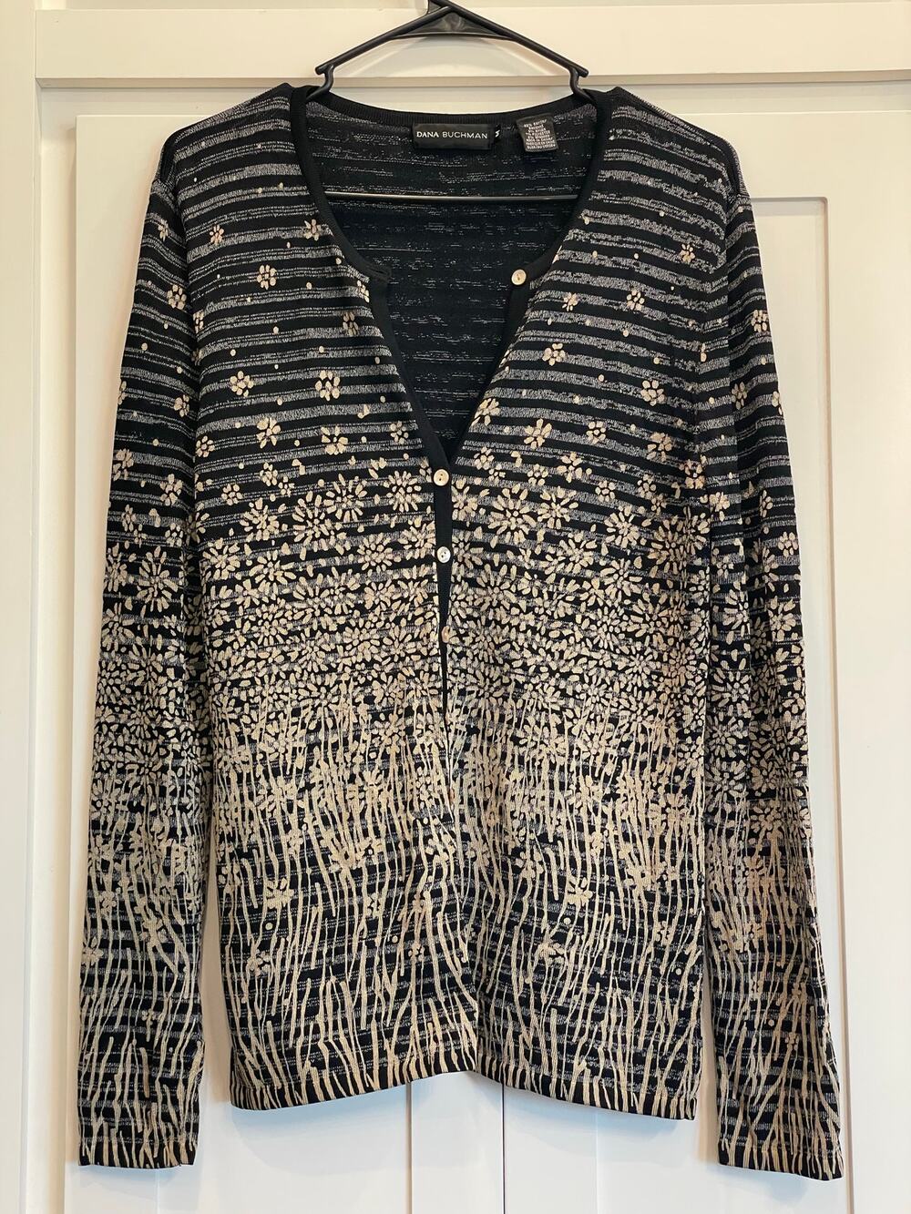 Dana Buchman Floral Metallic Stripe Cardigan Sweater Medium